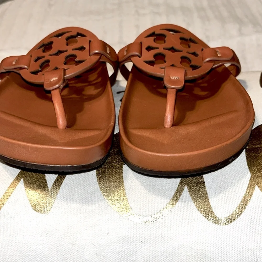 Tory Burch Cognac Leather Logo Toe-Post Sandals
